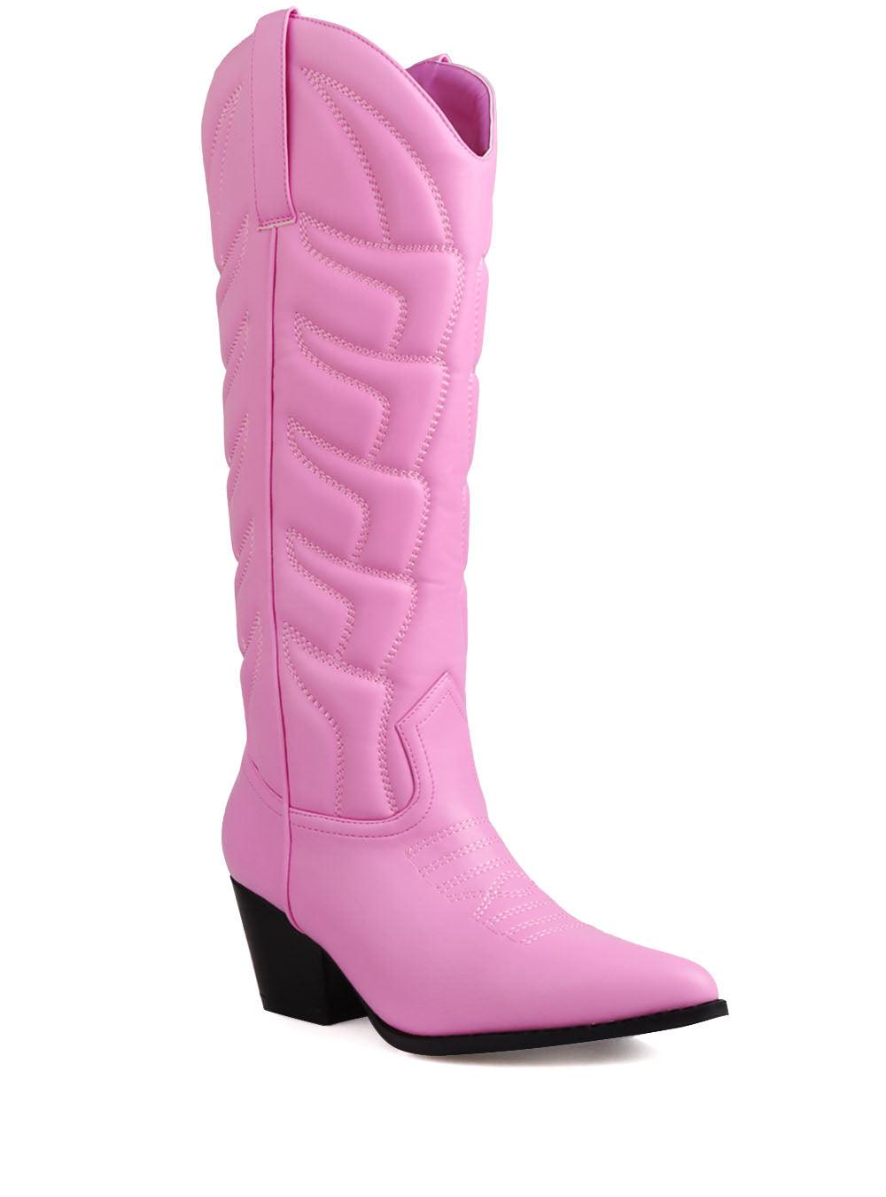 Cowboy style pink women boots with black heel-corner view