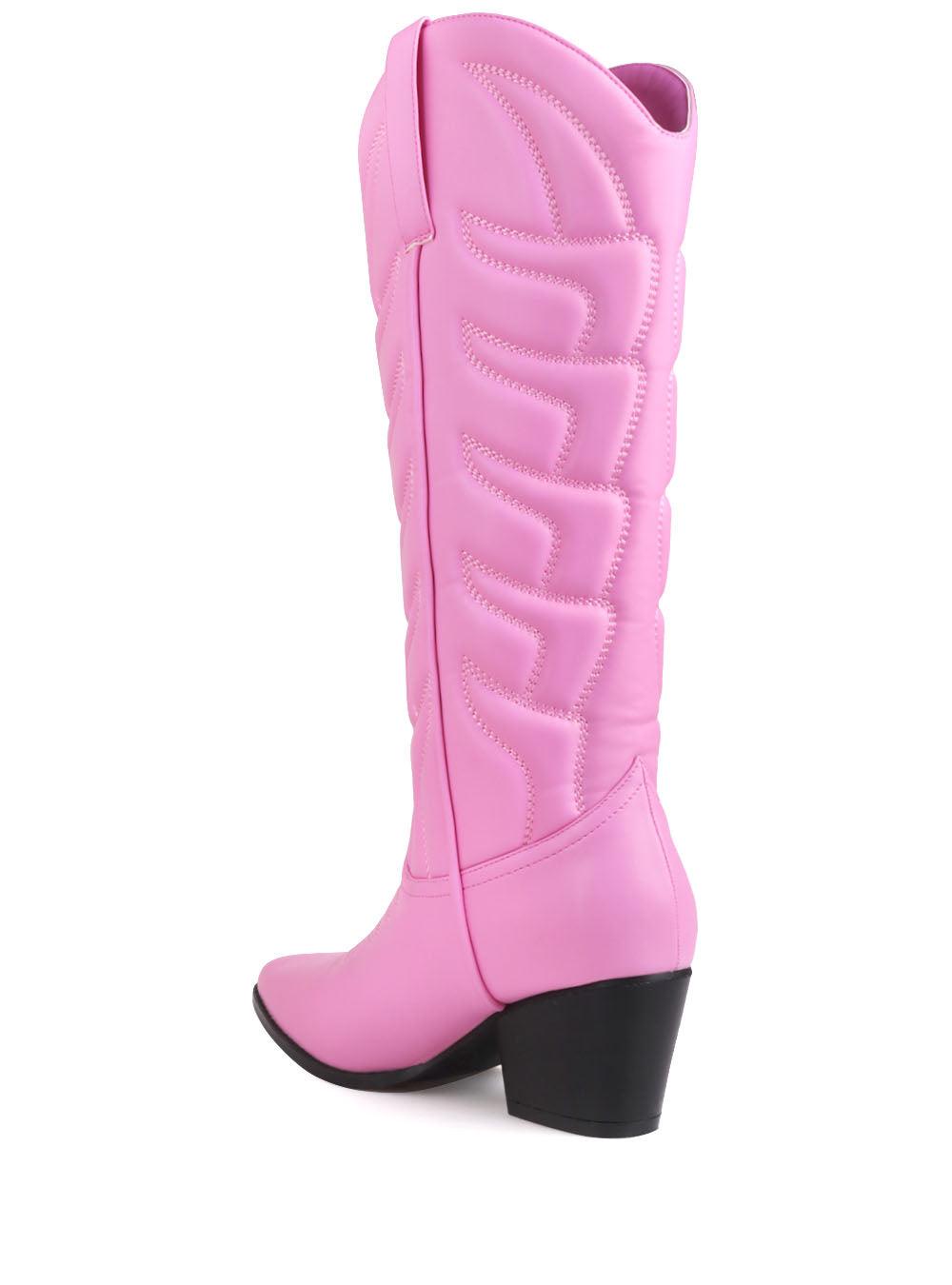 Cowboy style pink women boots with black heel-posterior view