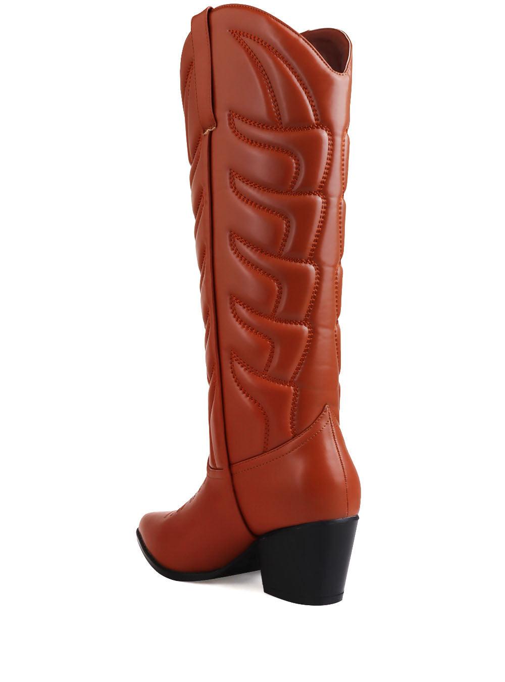 Cowboy style brown women boots with black heel-posterior view