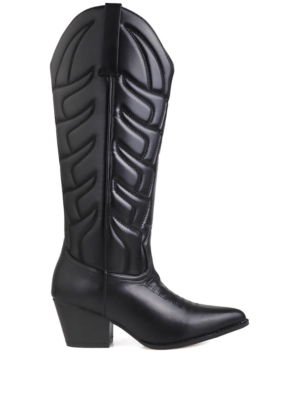 Cowboy style black women boots with black heel-side view