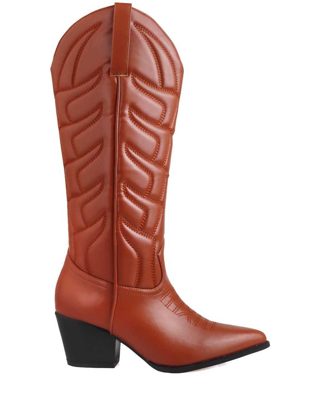 Cowboy style brown women boots with black heel-side view