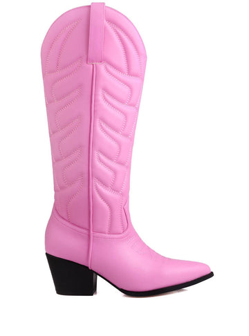 Cowboy style pink women boots with black heel-side view