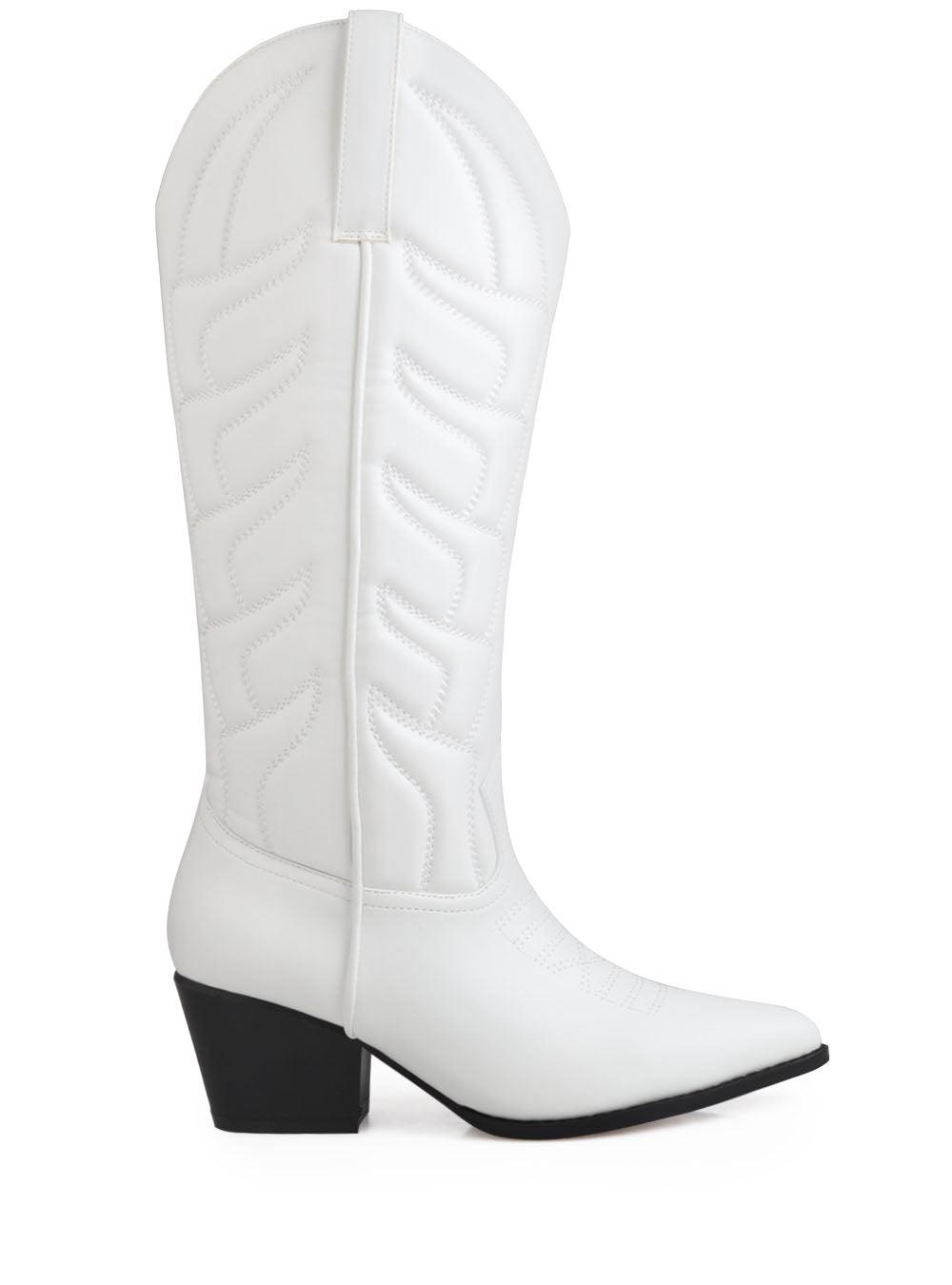 Cowboy style white women boots with black heel-side view