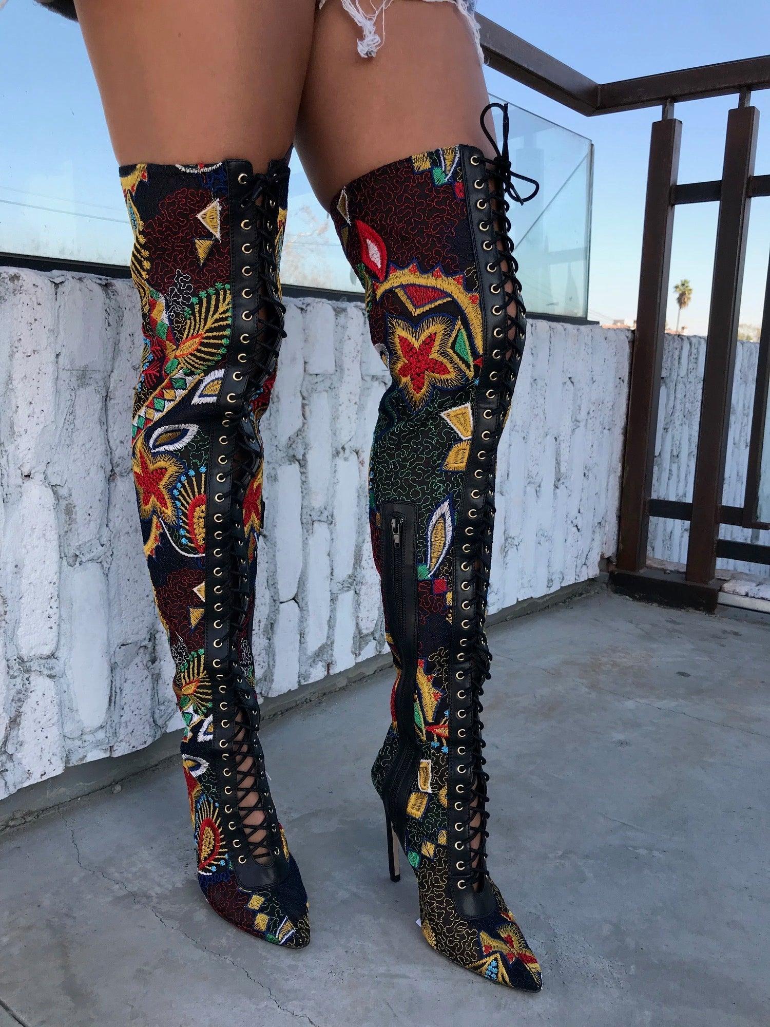 Multi floral colored women knee-high boots with stielleto heel and black laces-side view