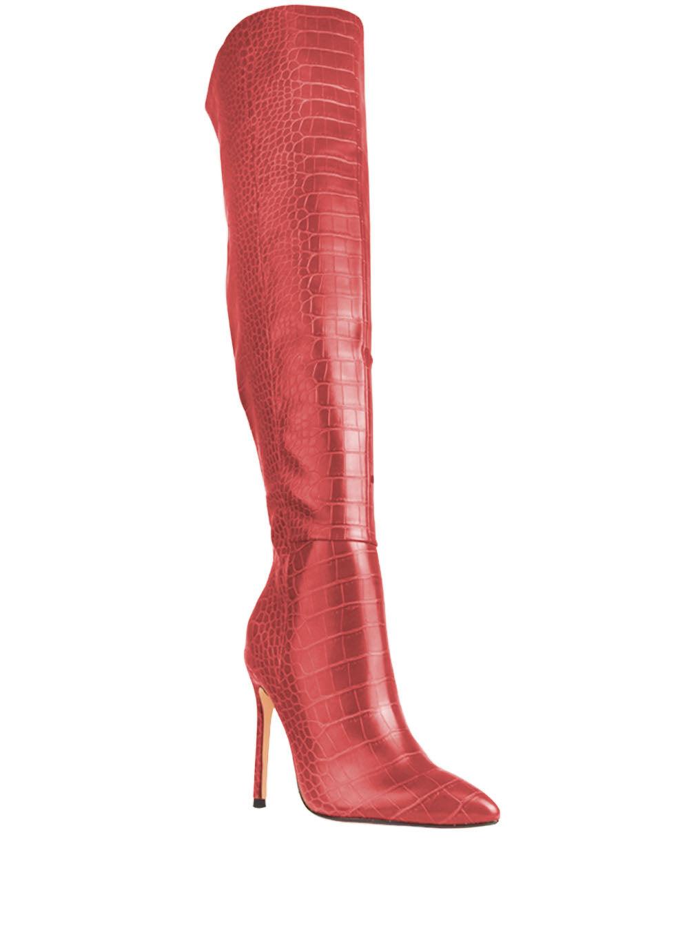 Red colored snake design women boots-corner view