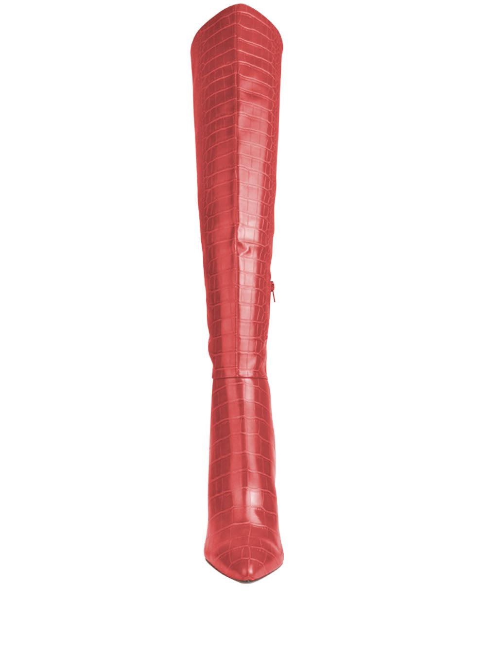 Red colored snake design women boots-front view