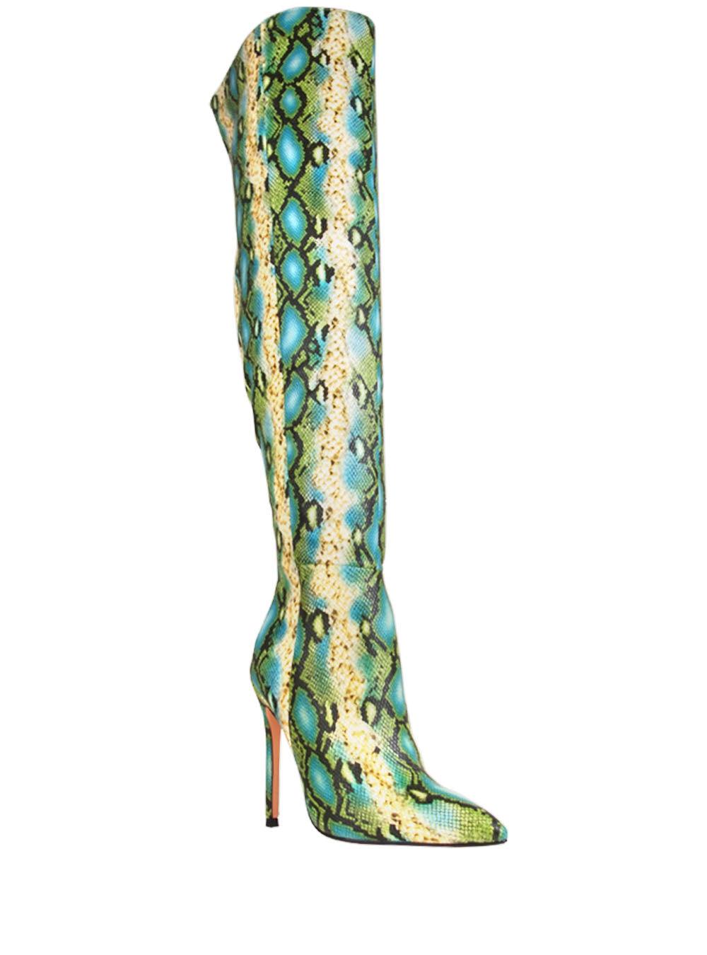 Green muli-colored snake design women boots-corner view