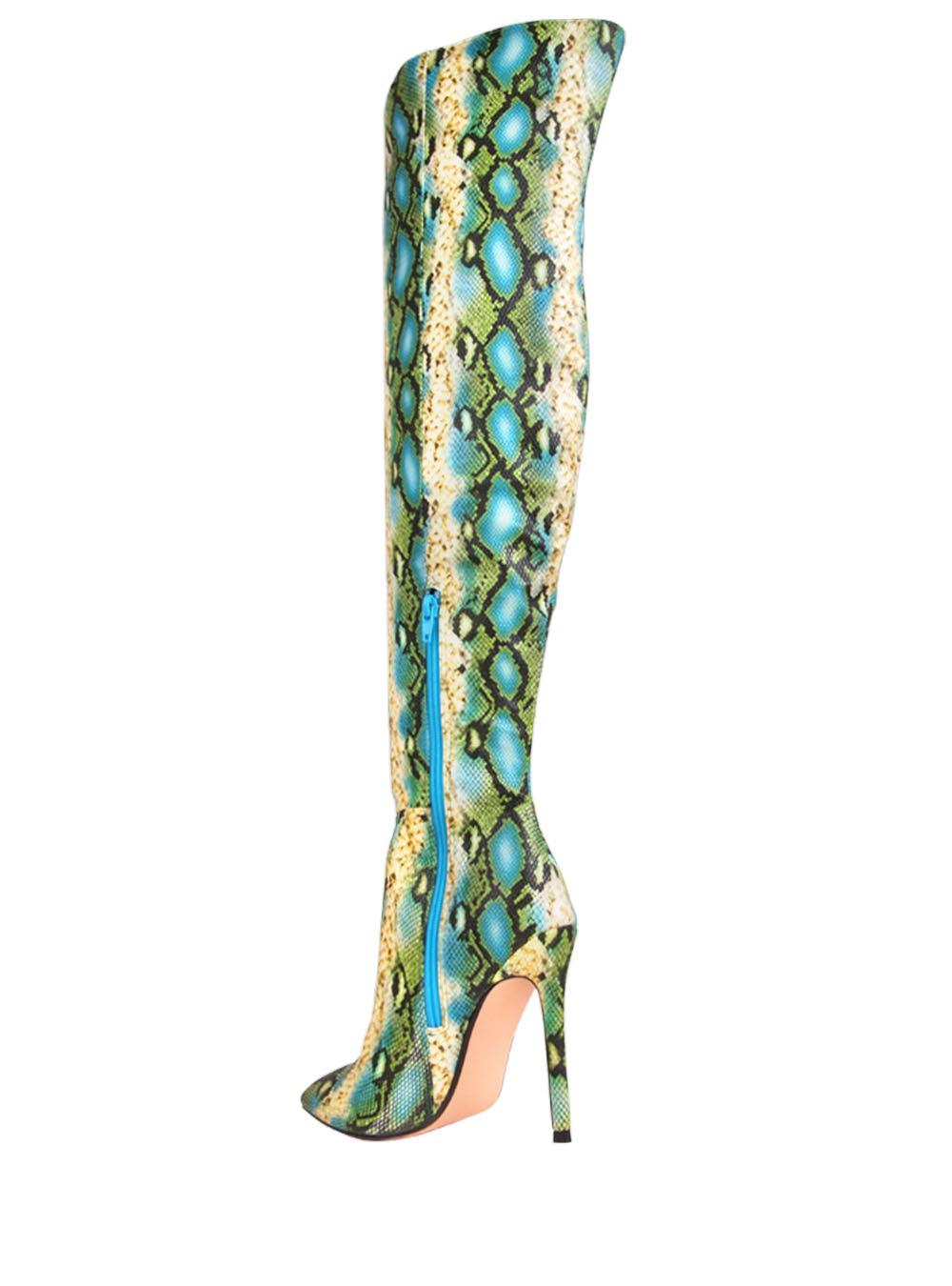 Green muli-colored snake design women boots-posterior view