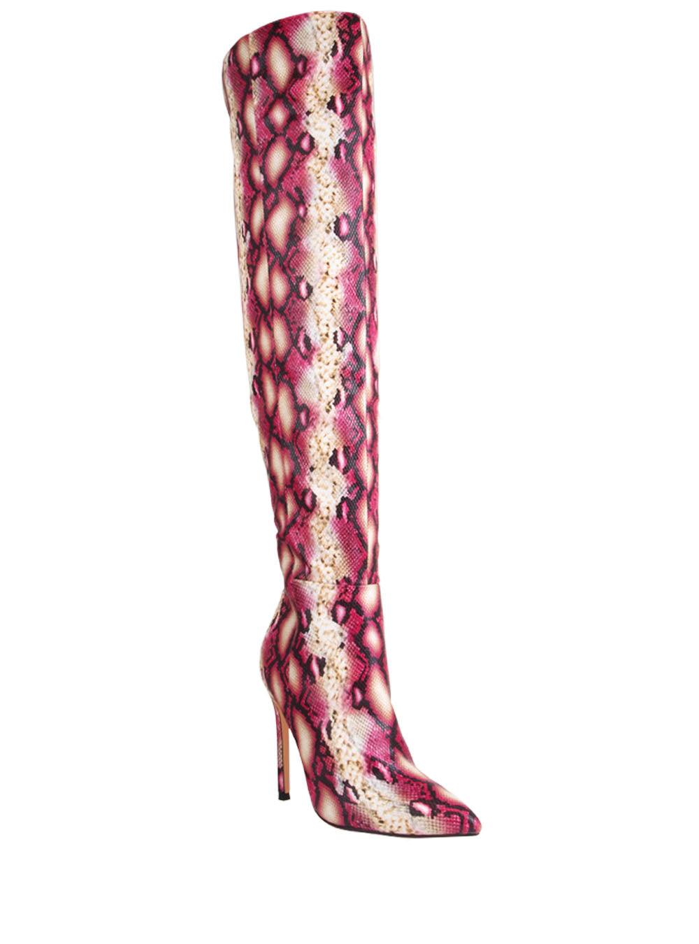 Red muli-colored snake design women boots-corner view