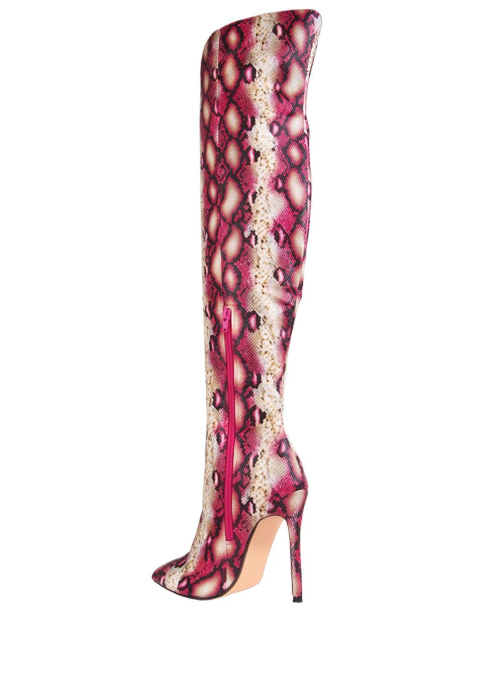 Red muli-colored snake design women boots-posterior view