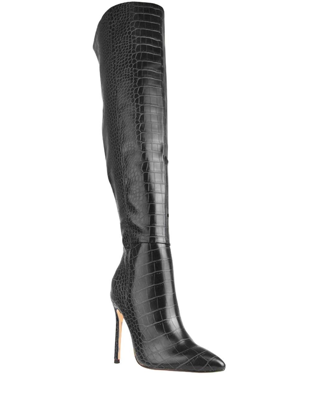 Black colored snake design women boots-corner view