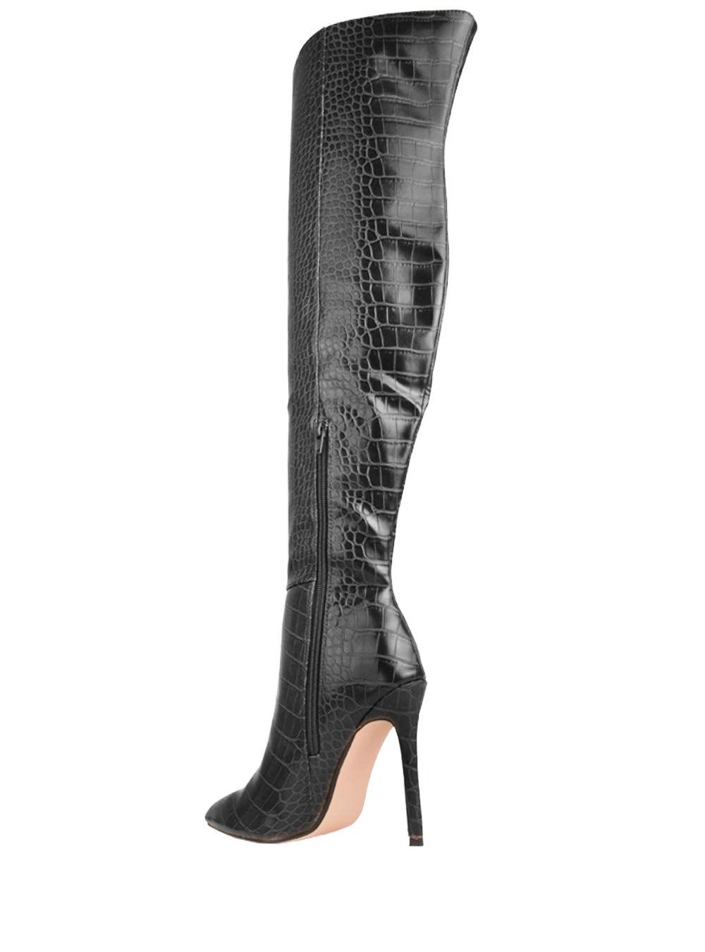 Black colored snake design women boots-posterior view