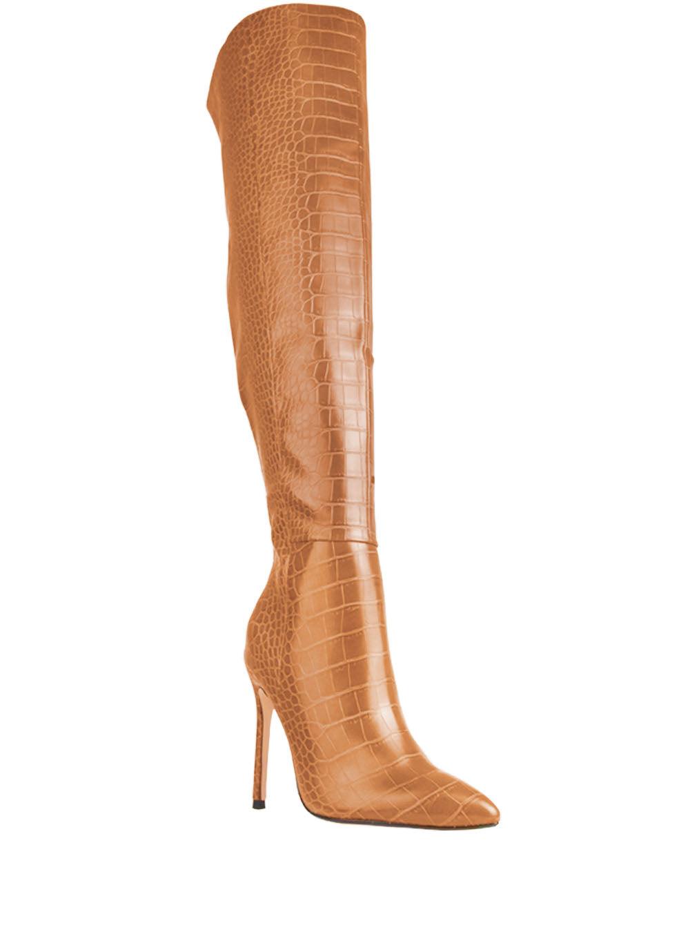 Camel colored snake design women boots-corner view