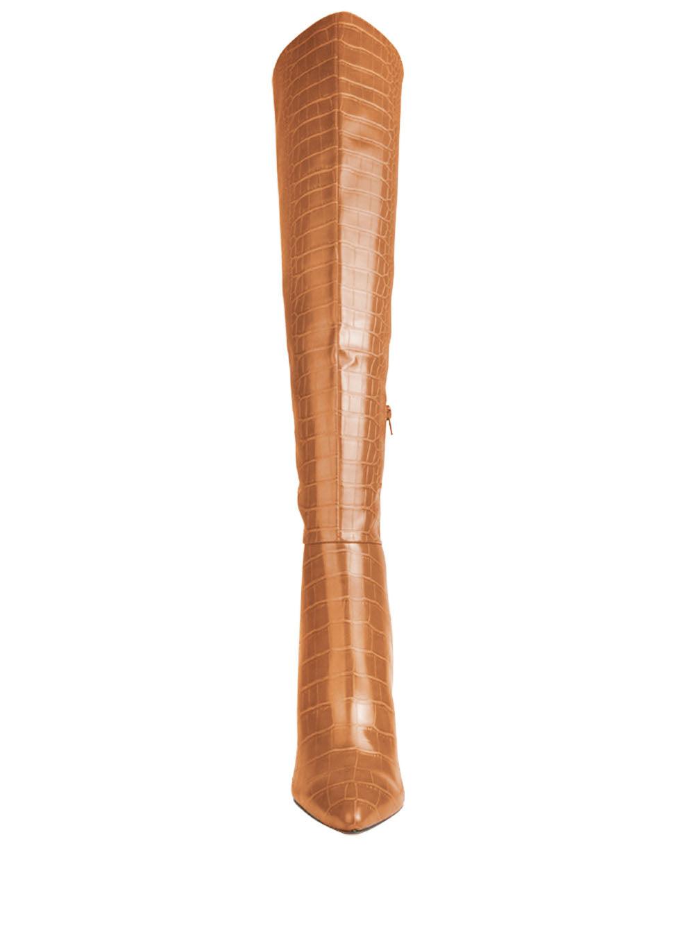 Camel colored snake design women boots-front view