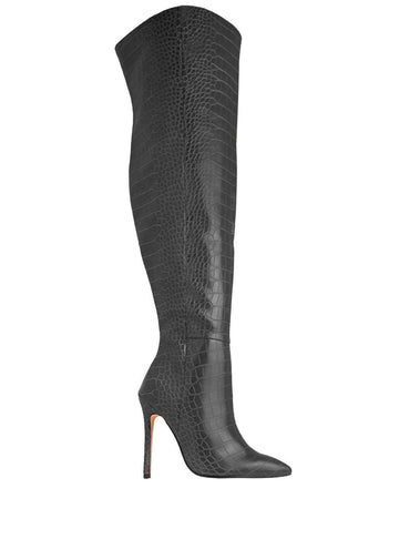 Black colored snake design women boots-side view