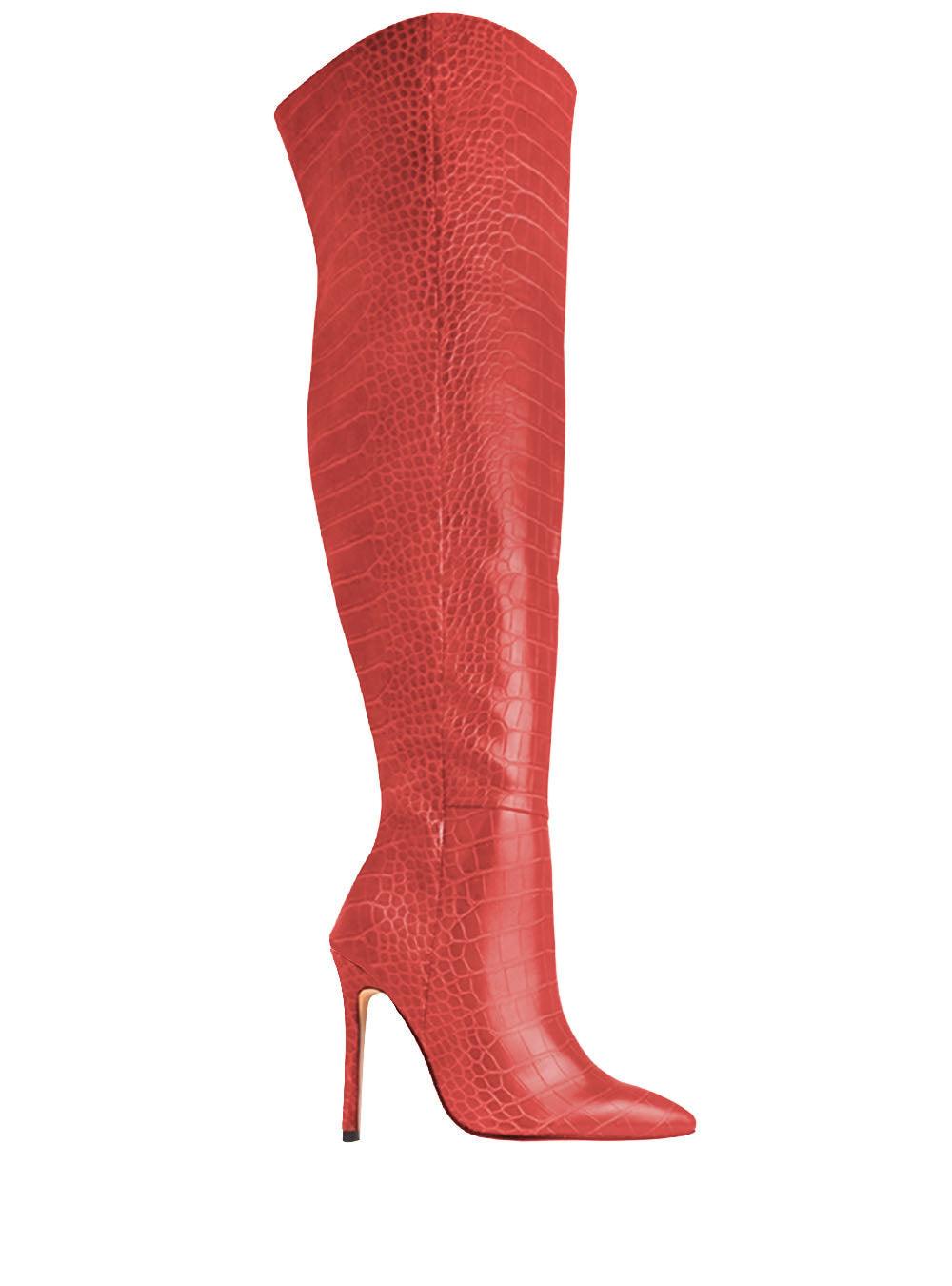 Red colored snake design women boots-side view