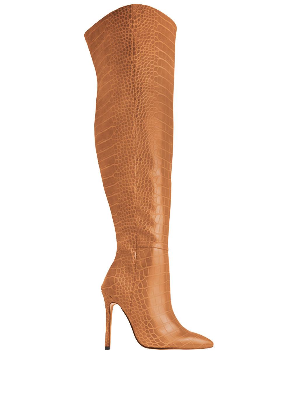 Camel colored snake design women boots-side view