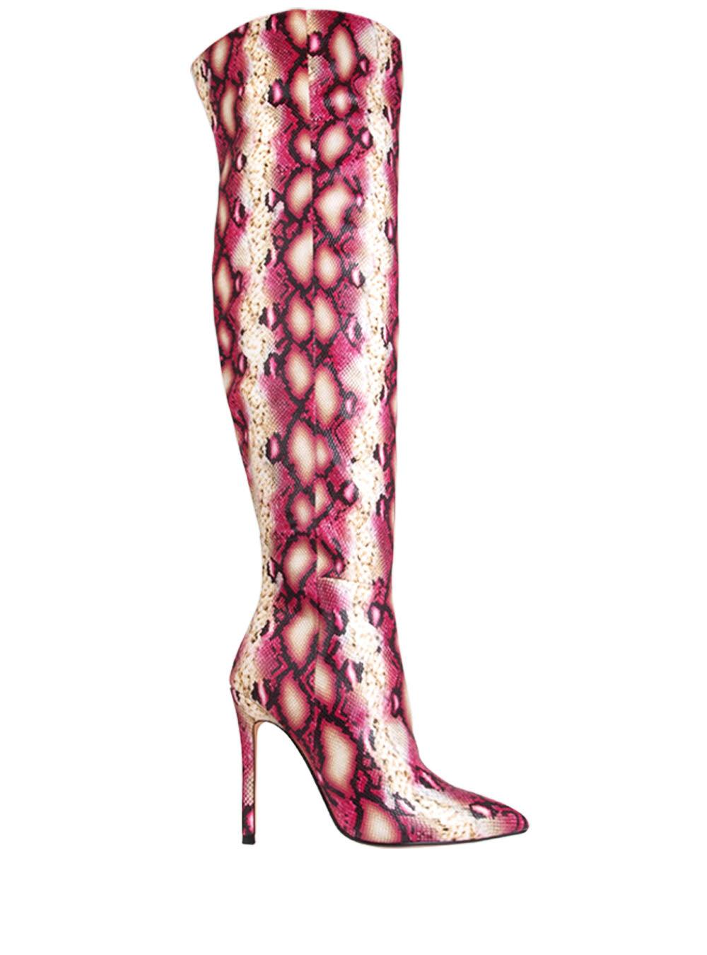 Red muli-colored snake design women boots-side view