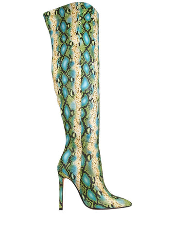 Green muli-colored snake design women boots-side view