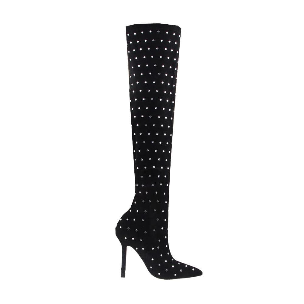 Crystal embedded women boots in black color