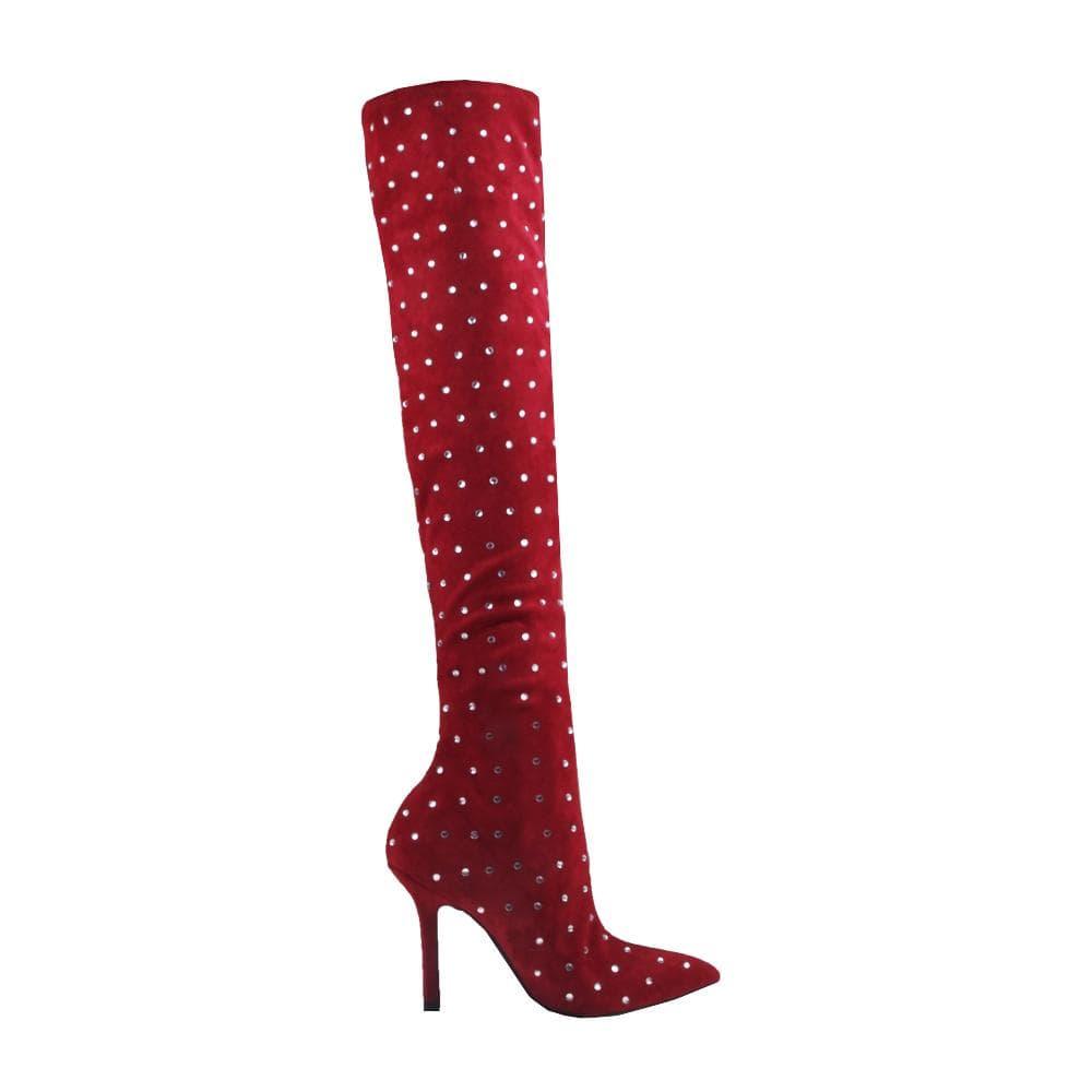 Crystal embedded women boots in red color