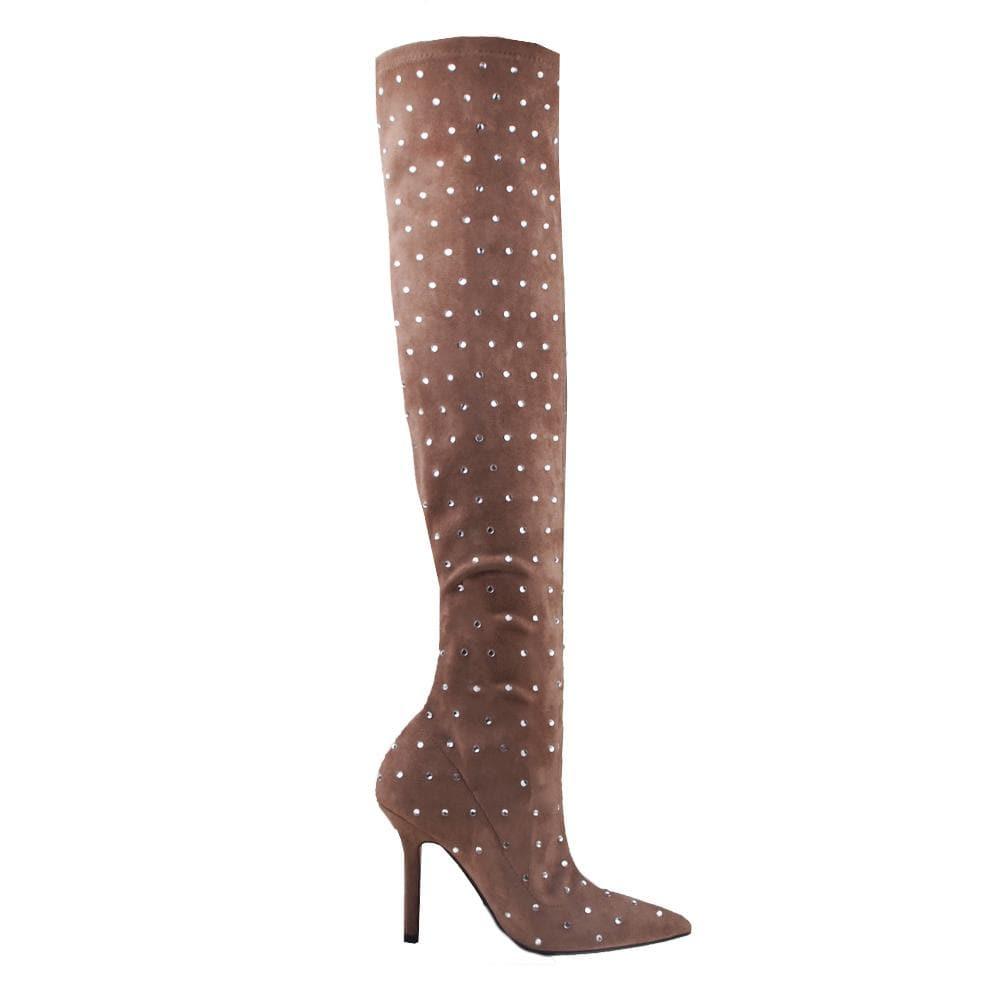 Crystal embedded women boots in brown color