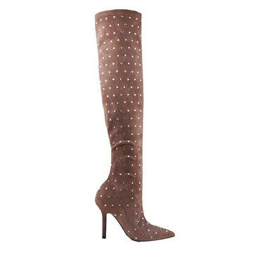 Crystal embedded women boots in brown color