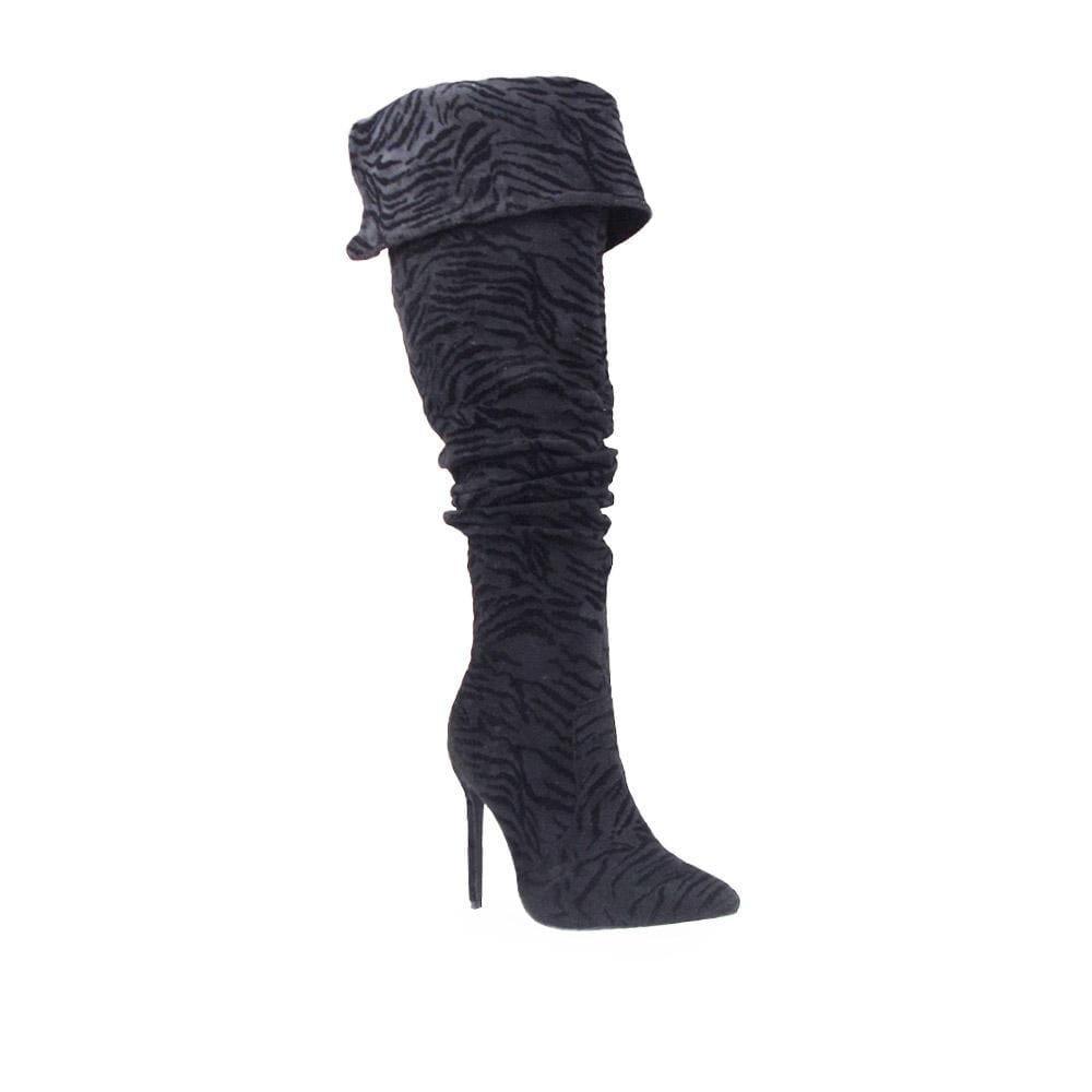 Black colored women boots with textured upper and stilleto heel-corner view