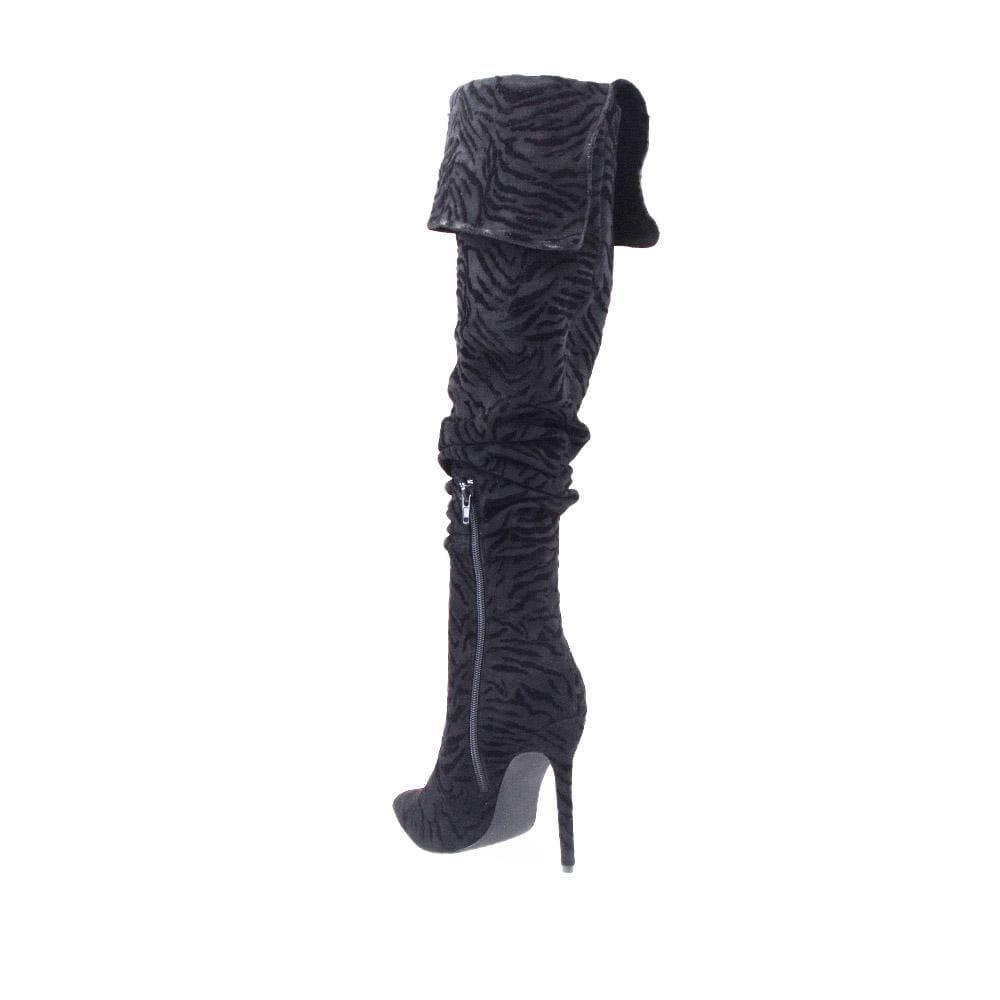 Black colored women boots with textured upper and stilleto heel-posterior view