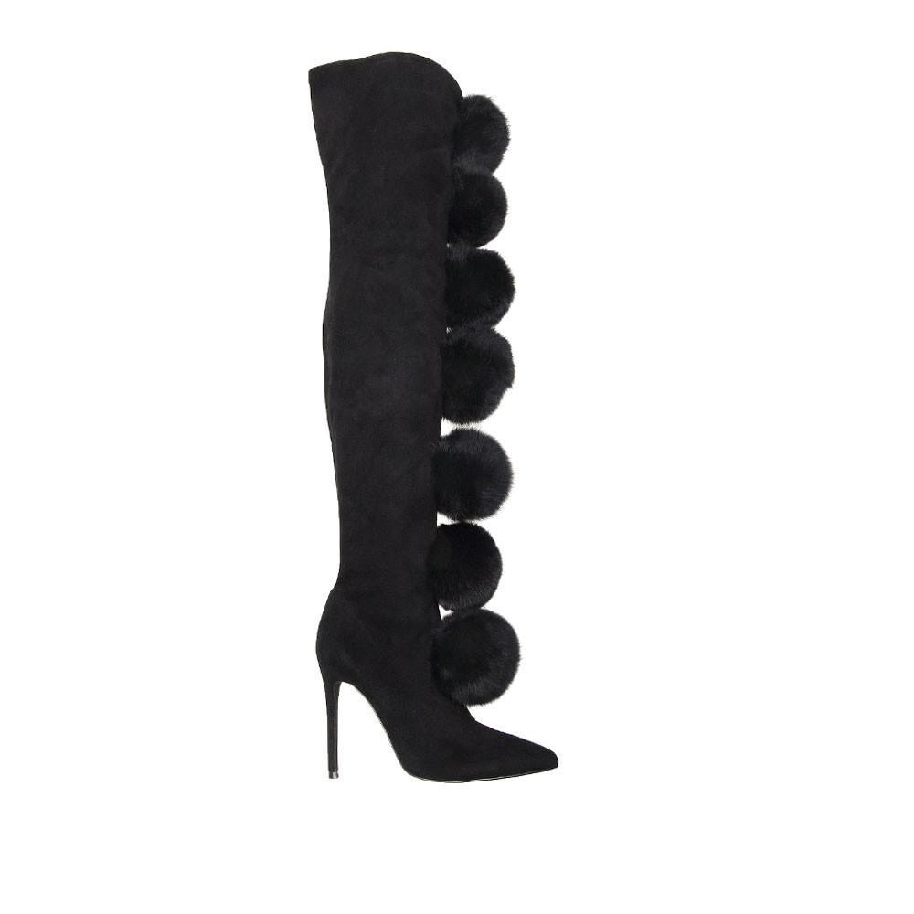 Black colored women boots with pompoms 