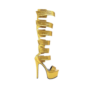 Gold colored women high boots with six straps