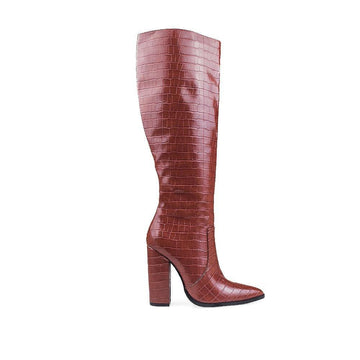 Brown women boots with self print-side view