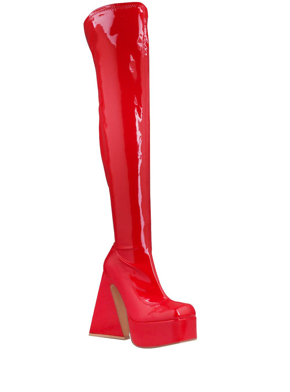 Red colored women boots with block heel and platform-corner view