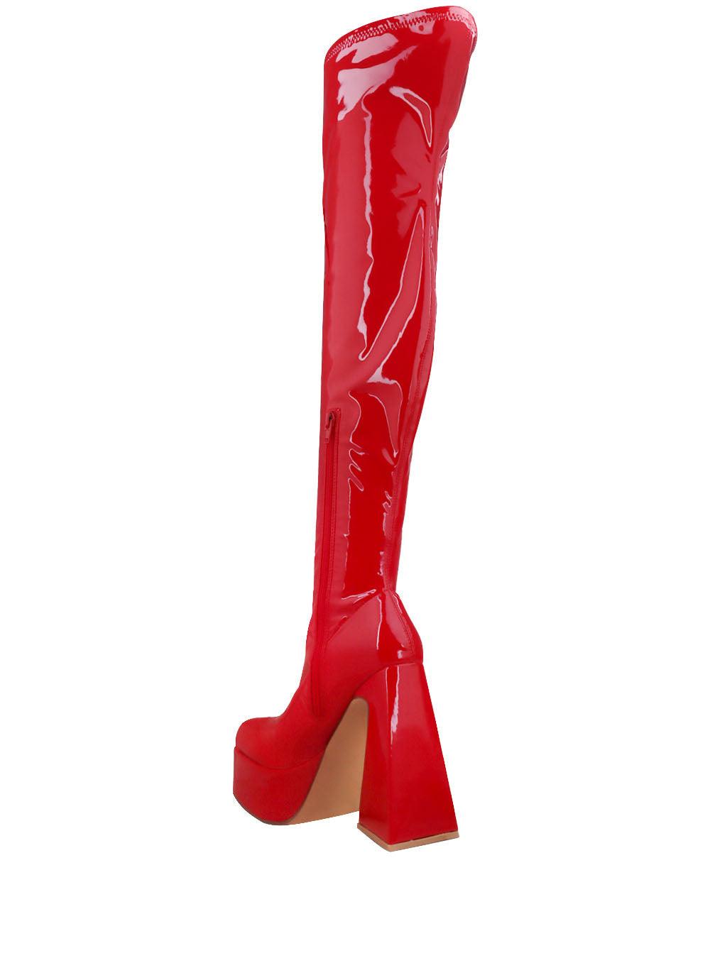 Red colored women boots with block heel and platform-posterior view