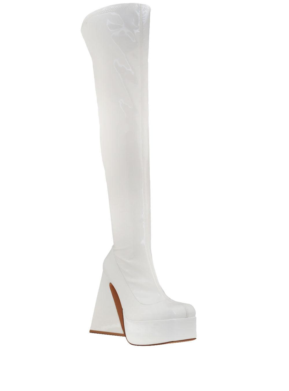 White colored women boots with block heel and platform-corner view