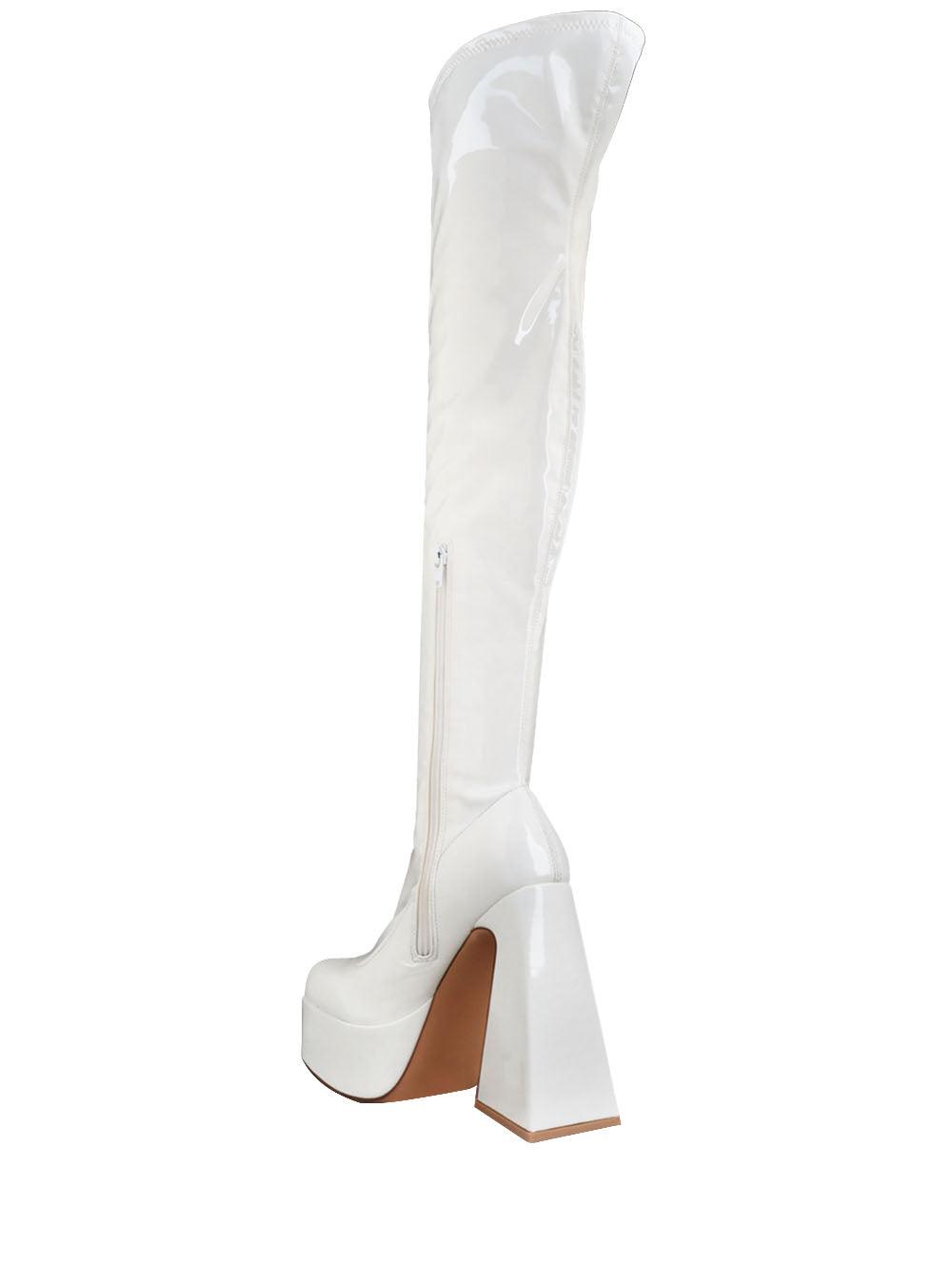 White colored women boots with block heel and platform-posterior view