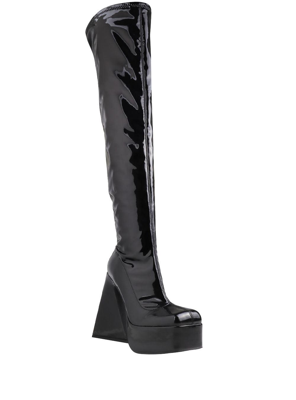 Black colored women boots with block heel and platform-corner view