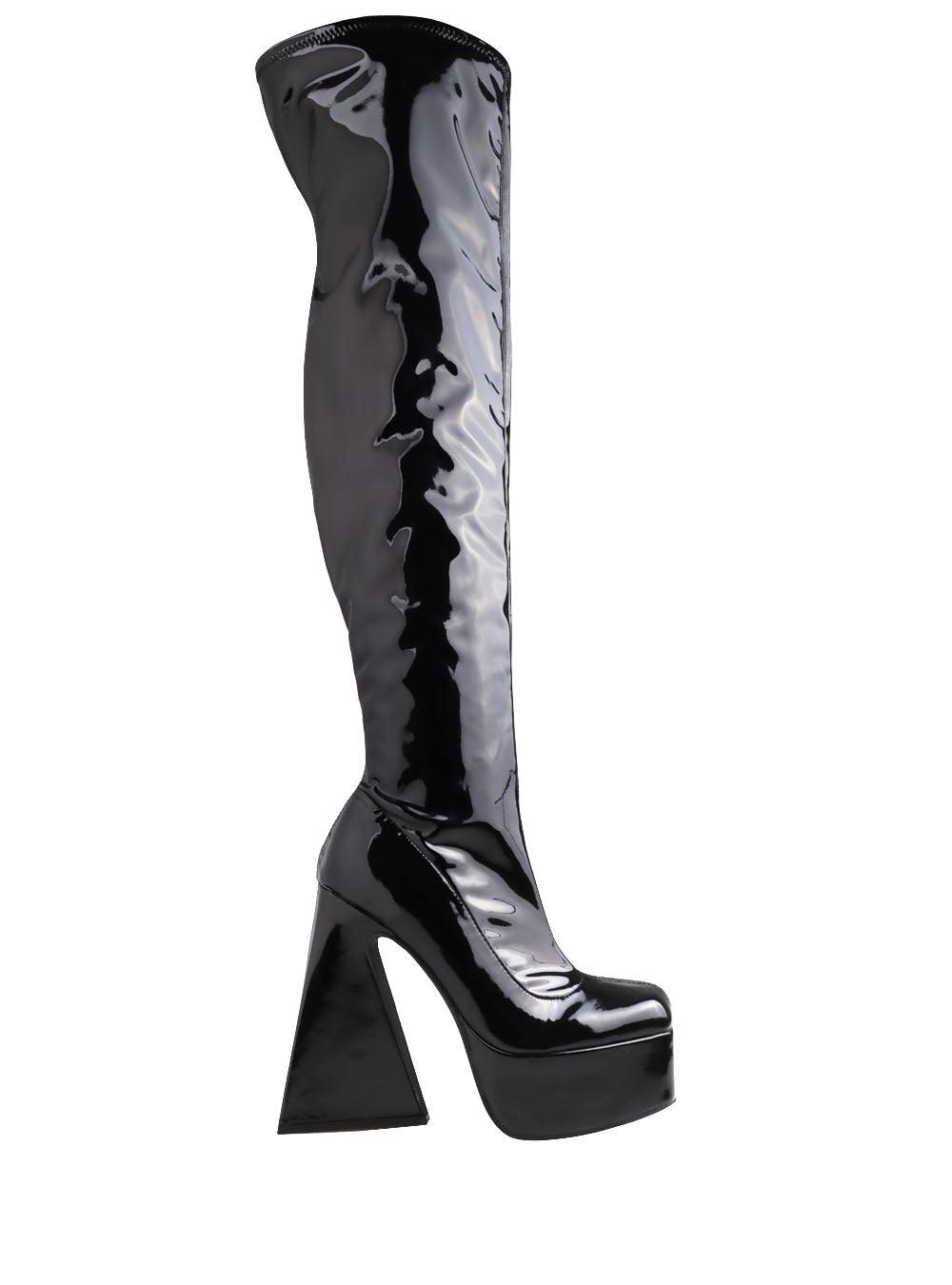 Black colored women boots with block heel and platform-side view