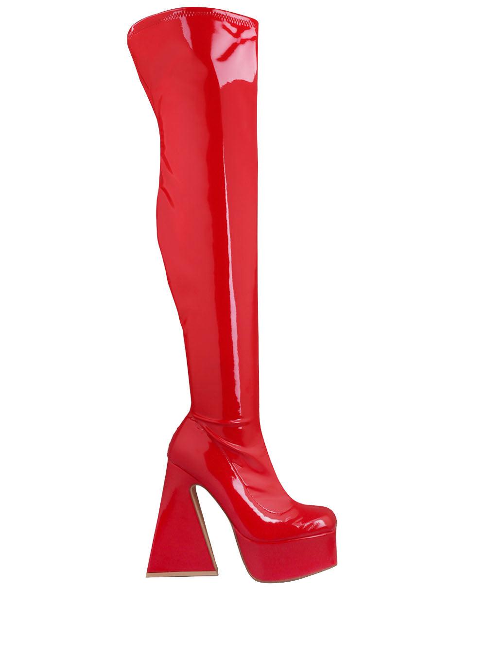 Red colored women boots with block heel and platform-side view