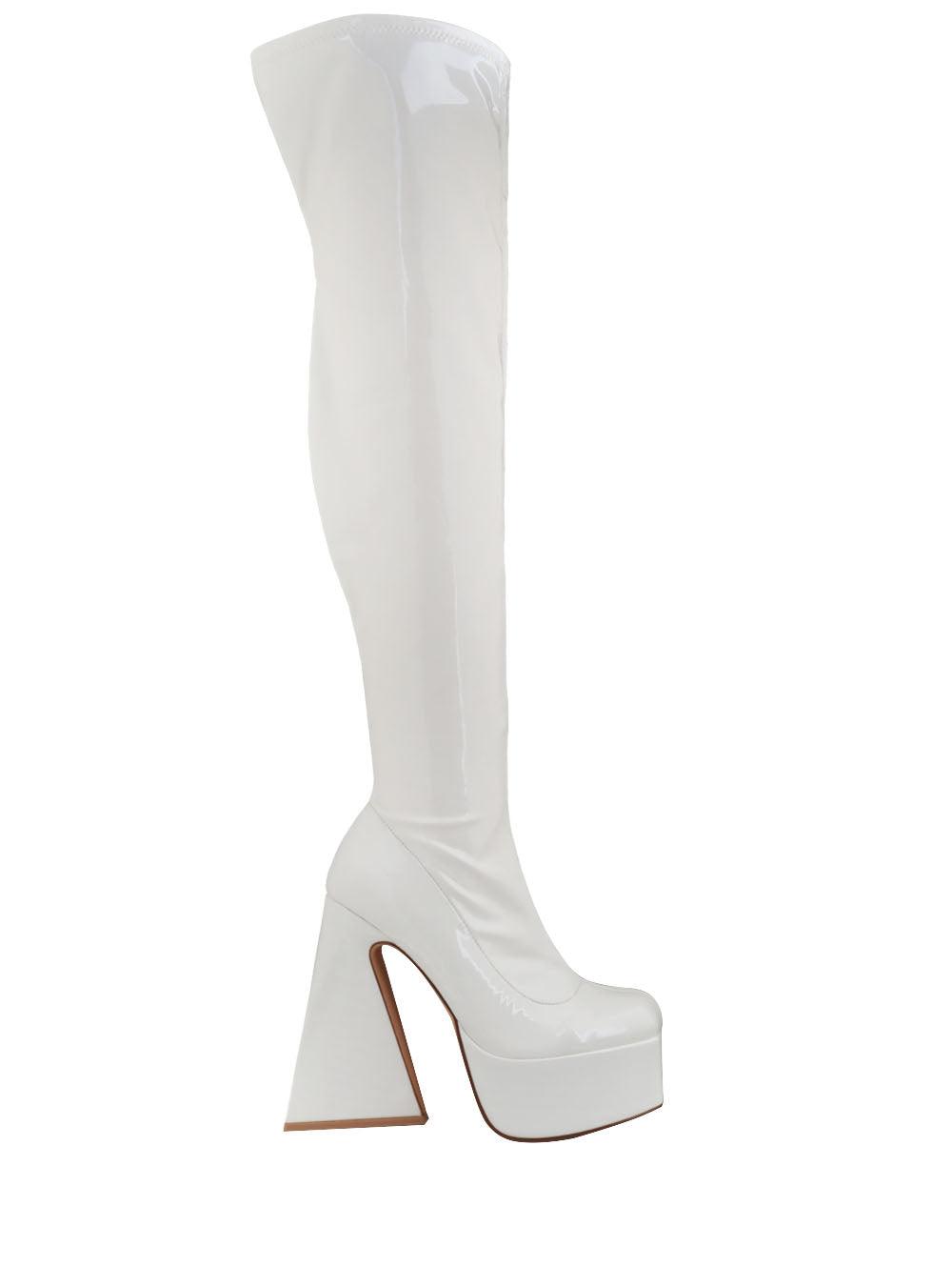 White colored women boots with block heel and platform-side view