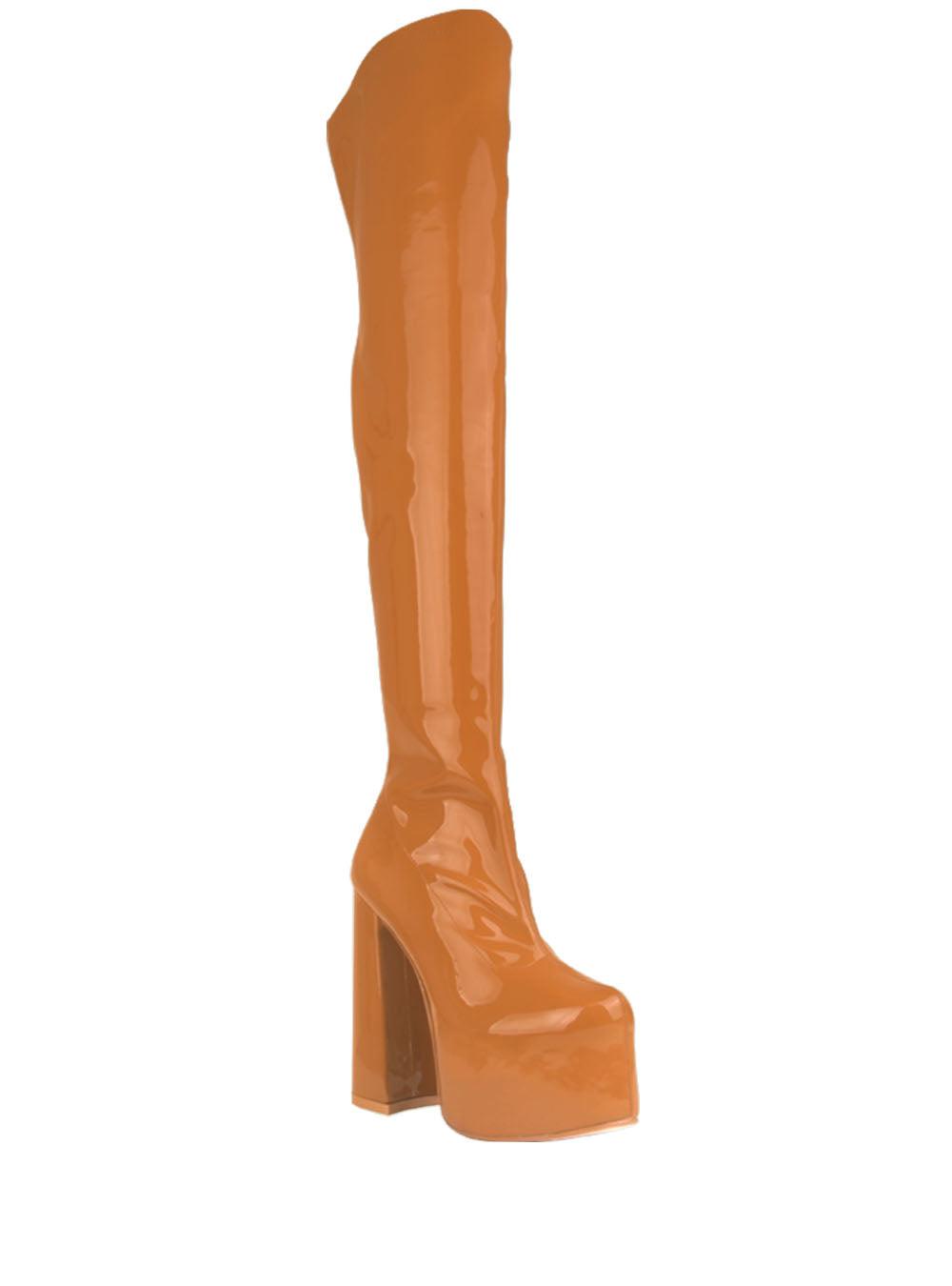 Patent vegan leather upper knee high boots women's block heel in tan-corner view