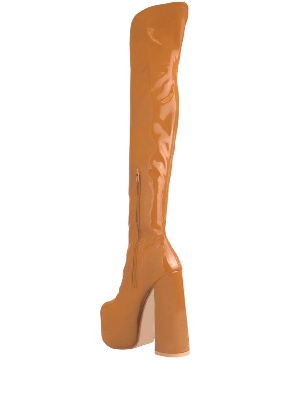 Patent vegan leather upper knee high boots women's block heel in tan-posterior view