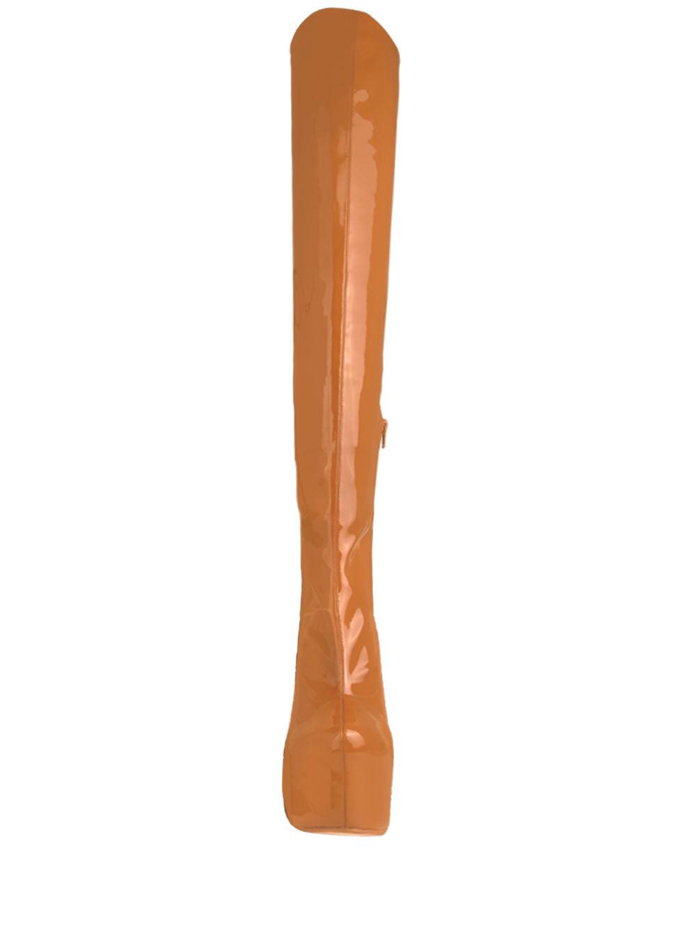 Patent vegan leather upper knee high boots women's block heel in tan-front view