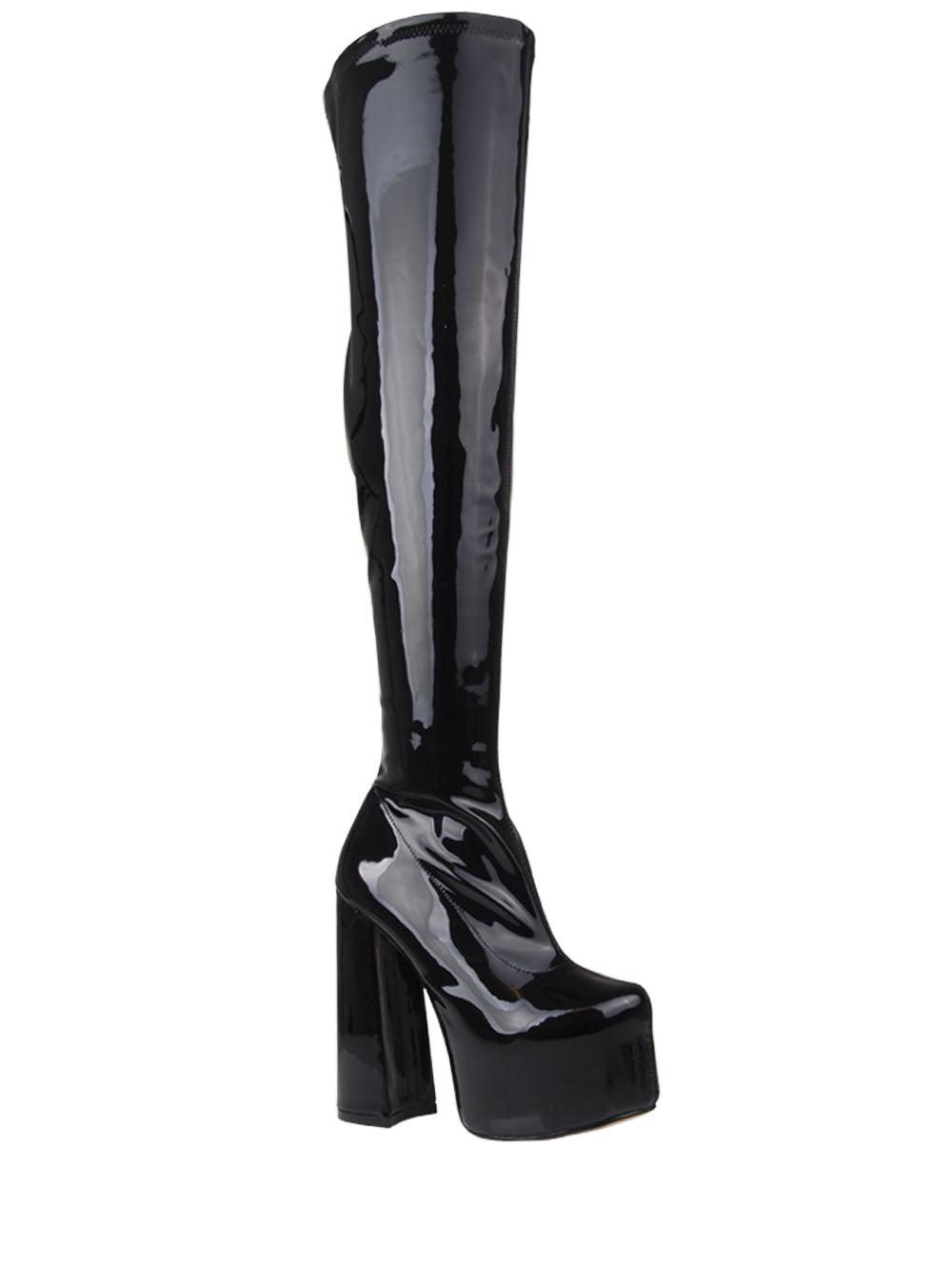 Patent vegan leather upper knee high boots women's block heel in black-corner view