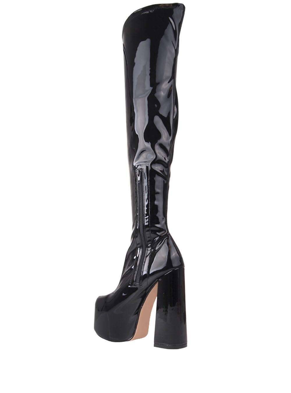 Patent vegan leather upper knee high boots women's block heel in black-posterior view