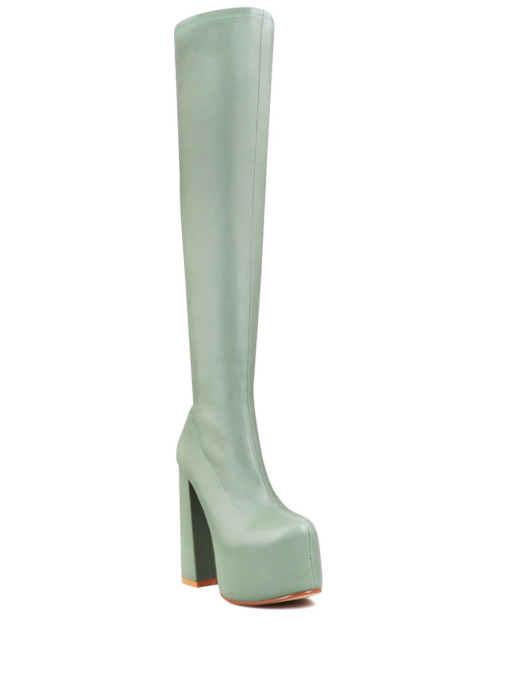 Vegan suede upper knee high boots women's block heel in sage-corner view