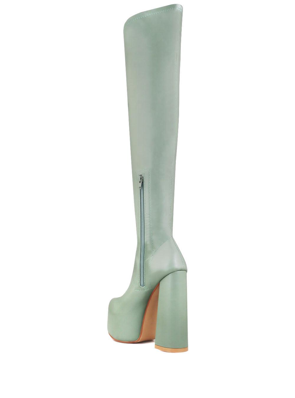 Vegan suede upper knee high boots women's block heel in sage-posterior view