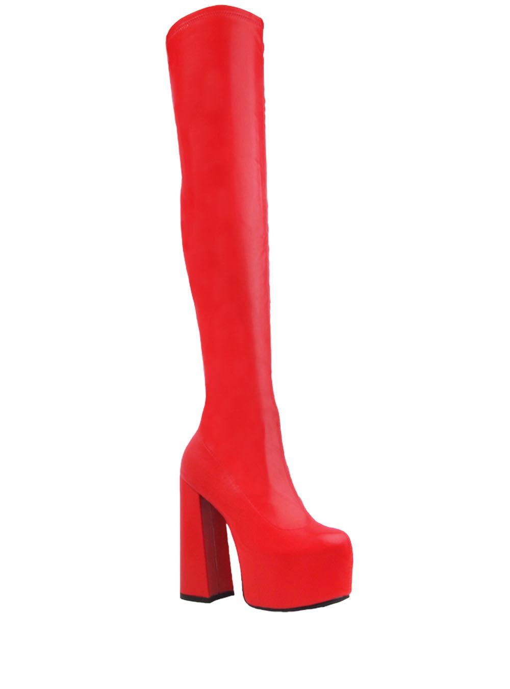 Vegan suede upper knee high boots women's block heel in red-corner view