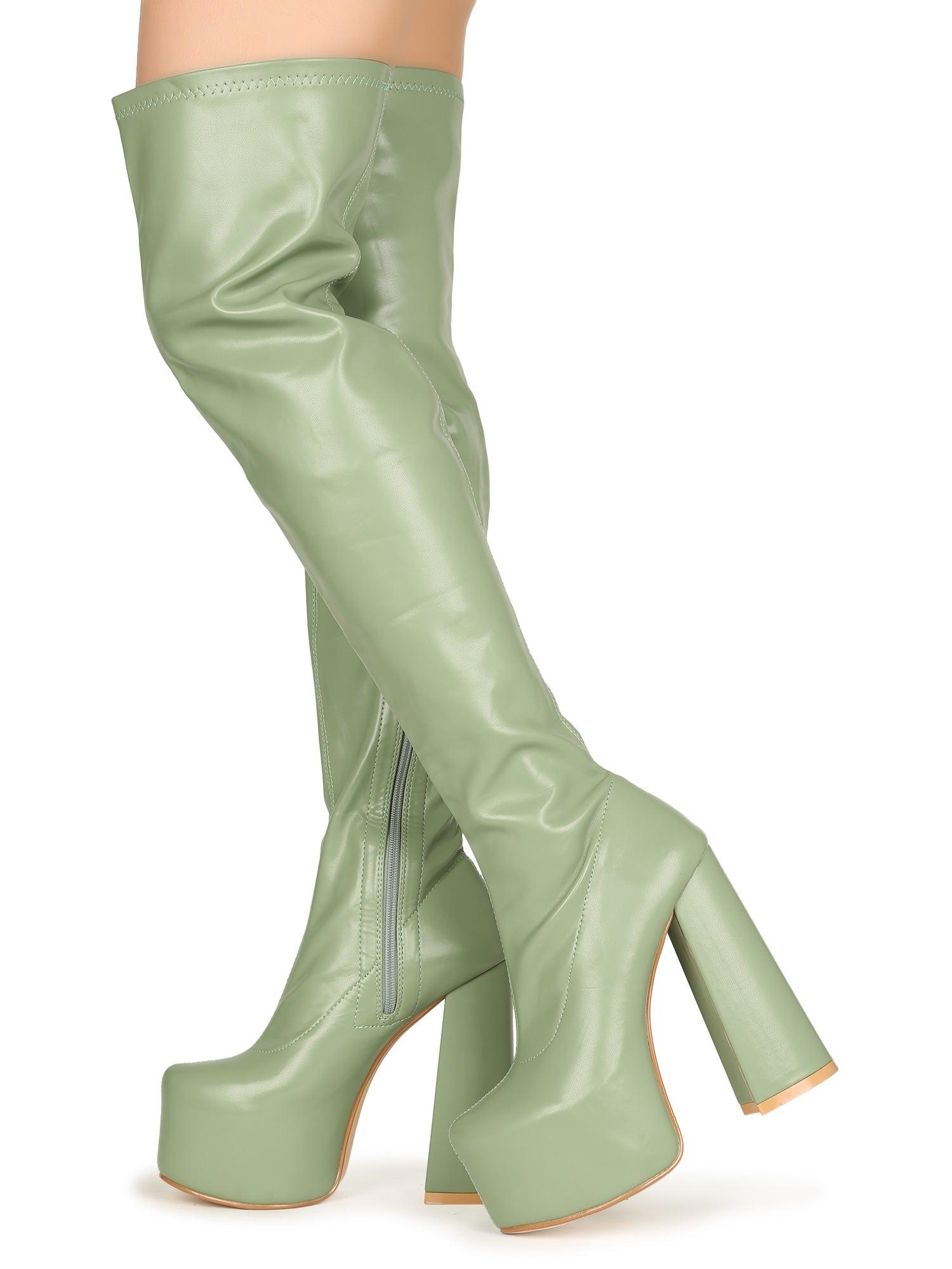 Vegan suede upper knee high boots women's block heel in sage