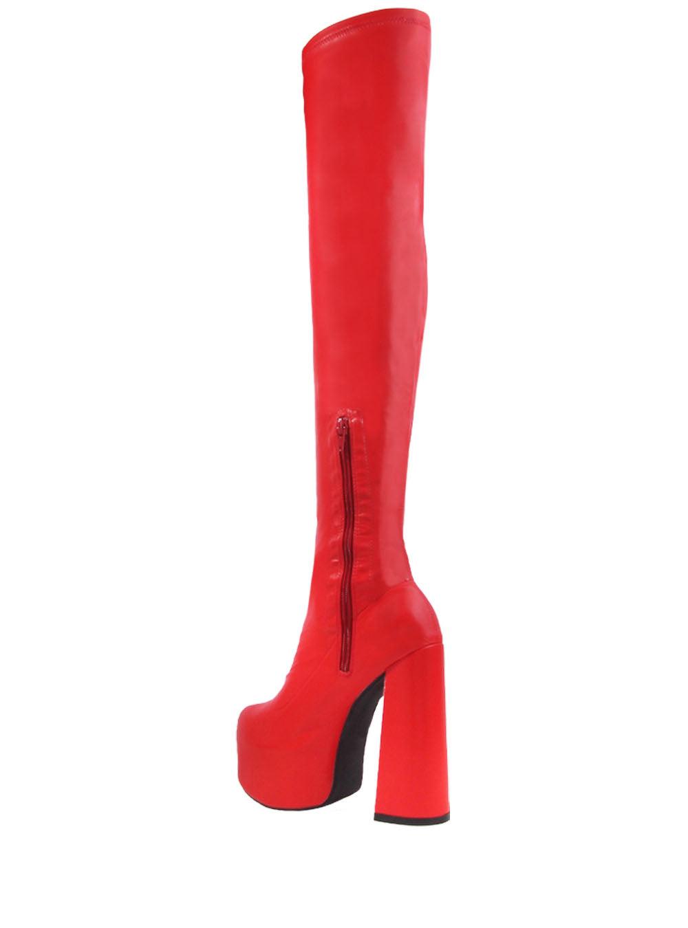 Vegan suede upper knee high boots women's block heel in red-posterior view